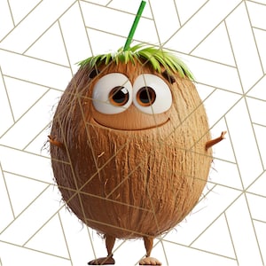 May include: A cartoon coconut with a friendly face and a straw sticking out of the top. The coconut is brown and has a green leafy top.