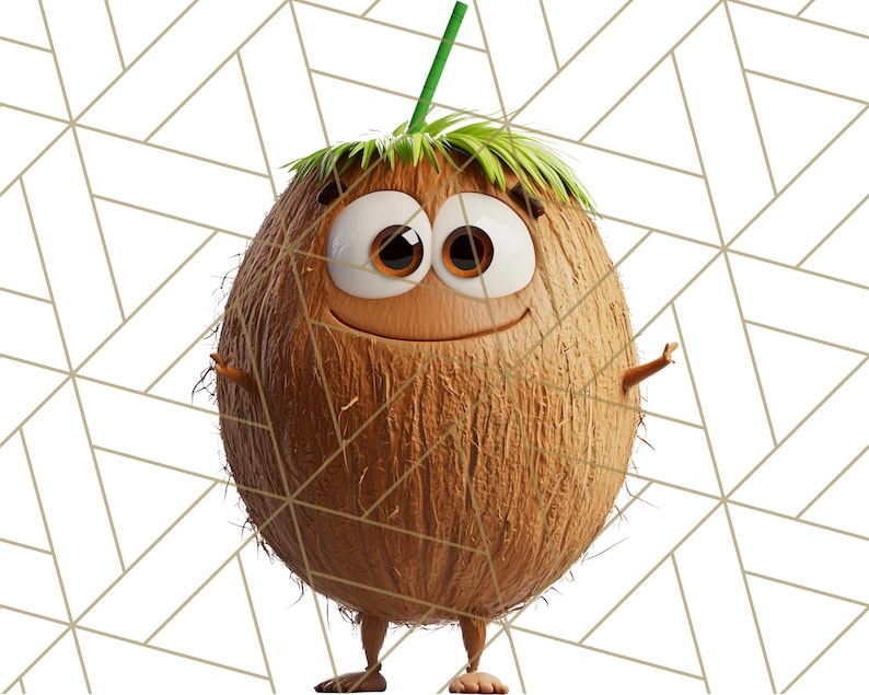 May include: A cartoon coconut with a friendly face and a straw sticking out of the top. The coconut is brown and has a green leafy top.