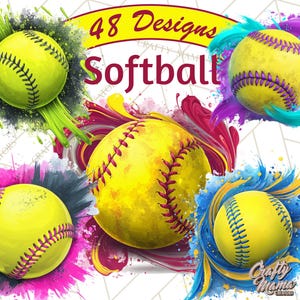 May include: An artistic design featuring multiple yellow softballs with red stitching, set against a backdrop of colorful paint splashes. The text "48 Designs Softball" is displayed in a banner, with "Crafty Mama Seniors" in the corner.