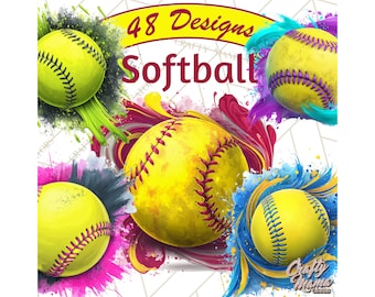 48 Png, Softball PNG Clipart, Sports Ball Clip Art with Paint Splash, Bright Team Colors Printable, Athletic Art PNG for Sublimation