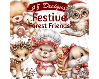 48 Png, Woodland Christmas Clipart PNG, Festive Forest Animals, Cute Winter Holiday Critters, Merry Xmas Nature Digital Scrapbook Clip Art