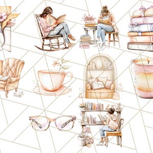 Op de afbeelding: Een set aquarel illustraties met verschillende knusse leessc&egrave;nes, waaronder een persoon die in een schommelstoel leest, een persoon die in een stoel leest, een persoon die aan een bureau leest, een stapel boeken, een kopje thee, een kaars en een boekenkast.