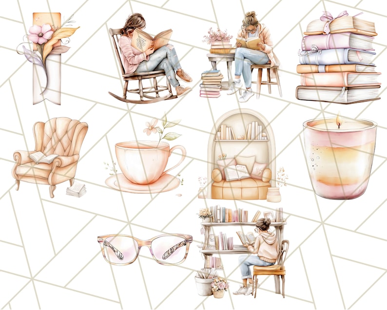 Op de afbeelding: Een set aquarel illustraties met verschillende knusse leessc&egrave;nes, waaronder een persoon die in een schommelstoel leest, een persoon die in een stoel leest, een persoon die aan een bureau leest, een stapel boeken, een kopje thee, een kaars en een boekenkast.