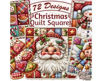 72 Christmas Quilt Square Patterns PNG, Holiday Quilt Clipart, Christmas Patchwork Clip Art, Quilted Elements, Festive Fabric Design PNG