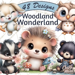 May include: A digital illustration featuring adorable woodland creatures: a bunny, owl, hedgehog, skunk, and bear. The image includes the text "48 Designs Woodland Wonderland" and "Crafty Mama Creators". The animals are depicted with large eyes and soft colors.