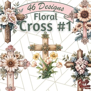 Aquarel bloemen christelijk kruis PNG, religieuze clipart voor sublimatie, op geloof gebaseerde digitale download, afdrukbare paaskruis, bloemenkruis afbeelding 1
