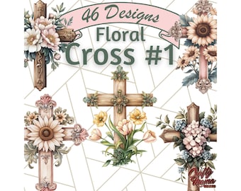 Watercolor Floral Christian Cross PNG, Religious Clipart for Sublimation, Faith-Based Digital Download, Easter Cross Printable, Flower Cross