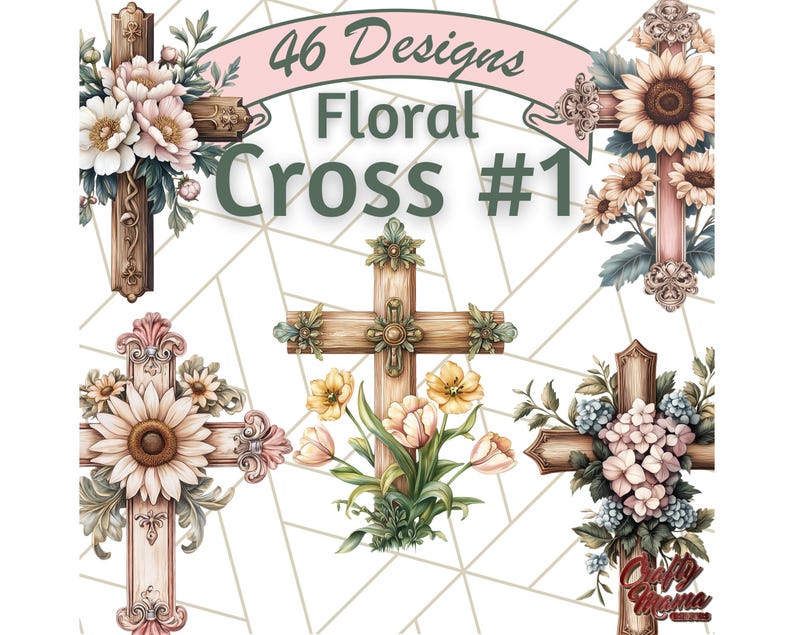 Aquarel bloemen christelijk kruis PNG, religieuze clipart voor sublimatie, op geloof gebaseerde digitale download, afdrukbare paaskruis, bloemenkruis afbeelding 1