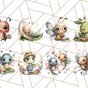 Puede incluir: Ilustraciones en acuarela de adorables insectos de dibujos animados, incluyendo una hormiga leyendo un mapa, una oruga en una luna creciente, una abeja con gafas leyendo un libro y una mariquita leyendo un libro. Otros insectos incluyen mariposas y un escarabajo.