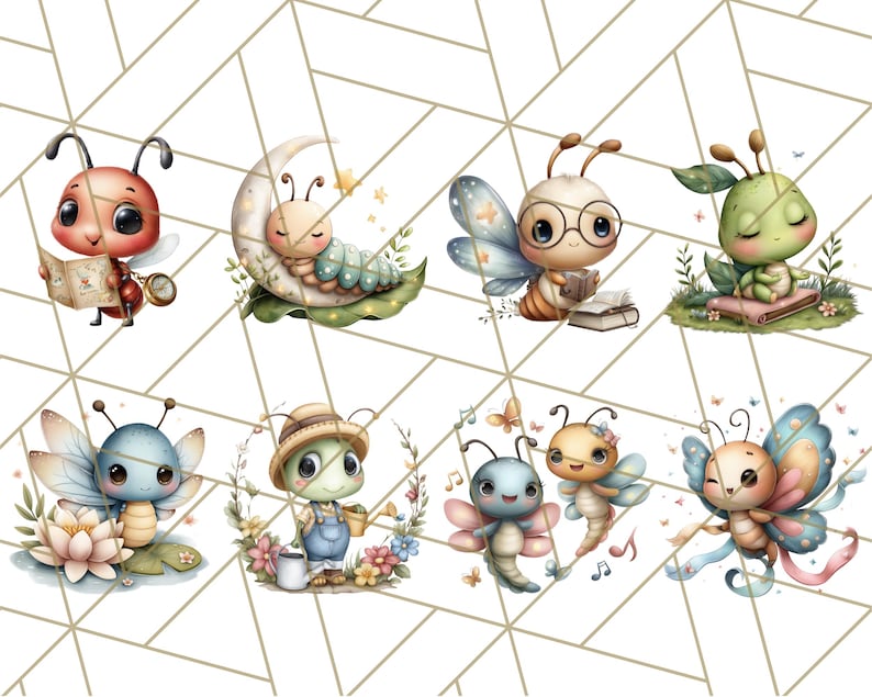 Puede incluir: Ilustraciones en acuarela de adorables insectos de dibujos animados, incluyendo una hormiga leyendo un mapa, una oruga en una luna creciente, una abeja con gafas leyendo un libro y una mariquita leyendo un libro. Otros insectos incluyen mariposas y un escarabajo.