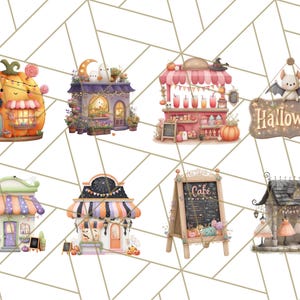 Peut inclure: Illustrations &agrave; l'aquarelle de boutiques et de panneaux sur le th&egrave;me d'Halloween. L'image comprend une confiserie en forme de citrouille, une boutique avec un croissant de lune, un stand de boissons et une enseigne "Halloween". D'autres boutiques incluent un caf&eacute; et une boutique de robes.