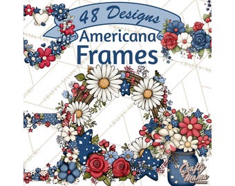 48 imágenes PNG de coronas florales patrióticas, estrellas y marcos rústicos de tarros Mason, esquinas y bordes.