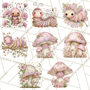 May include: A collection of whimsical watercolor illustrations featuring adorable, pastel-colored caterpillars and mushroom houses. The designs are adorned with flowers and hearts, creating a charming, fairytale aesthetic.