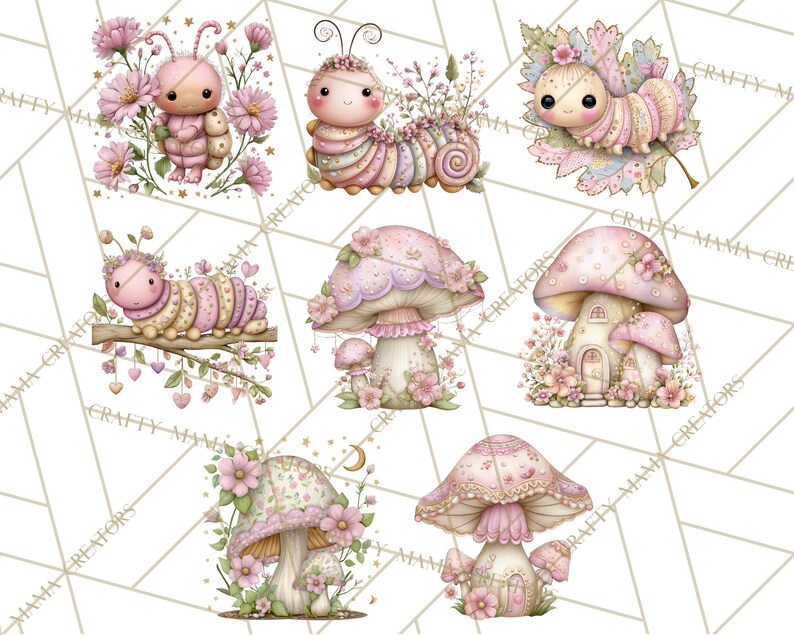 May include: A collection of whimsical watercolor illustrations featuring adorable, pastel-colored caterpillars and mushroom houses. The designs are adorned with flowers and hearts, creating a charming, fairytale aesthetic.