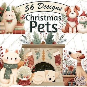 May include: Watercolor illustration featuring a collection of Christmas-themed pet designs. The image includes a cat with a scarf, a dog with a scarf, and a snowman. Text reads "56 Designs Christmas Pets."