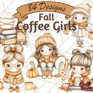 Pode incluir: Conjunto de clipart digital 84 Designs Fall Coffee Girls com ilustra&ccedil;&otilde;es de meninas fofas com x&iacute;caras de caf&eacute;, ab&oacute;boras e folhagem de outono.