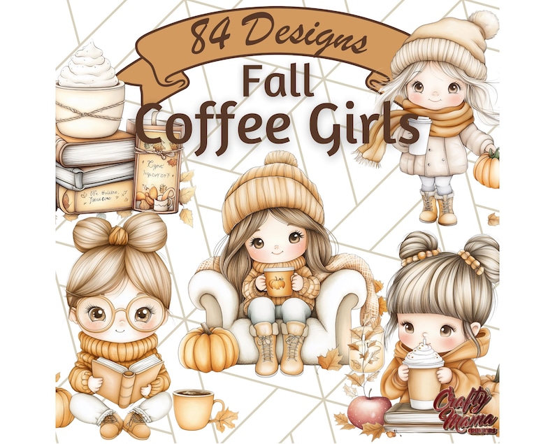 Pode incluir: Conjunto de clipart digital 84 Designs Fall Coffee Girls com ilustra&ccedil;&otilde;es de meninas fofas com x&iacute;caras de caf&eacute;, ab&oacute;boras e folhagem de outono.