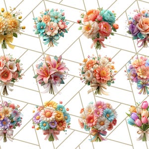 Op de afbeelding: Twaalf bloemboeketten in verschillende kleuren, elk gebonden met een lint. De boeketten bevatten gele, oranje, roze, blauwe en paarse bloemen, tegen een witte achtergrond met gouden geometrische lijnen.