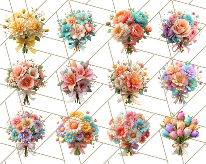 Op de afbeelding: Twaalf bloemboeketten in verschillende kleuren, elk gebonden met een lint. De boeketten bevatten gele, oranje, roze, blauwe en paarse bloemen, tegen een witte achtergrond met gouden geometrische lijnen.