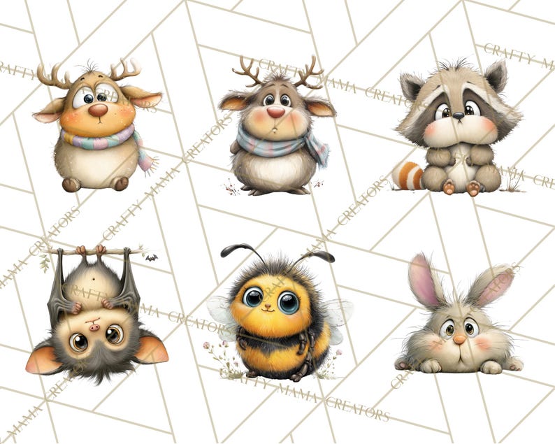 Pu&ograve; includere: Una collezione di sei adorabili illustrazioni di animali dei cartoni animati. Gli animali includono un cervo con le corna e una sciarpa, un procione, un pipistrello, un'ape e un coniglio. Le illustrazioni sono su uno sfondo geometrico bianco e oro.