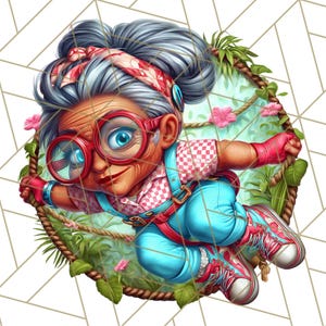 May include: A whimsical illustration of a cartoon character, an elderly woman with gray hair and red glasses, wearing a pink and white checkered shirt, blue pants, and red sneakers. She is holding onto a rope swing surrounded by green leaves and pink flowers.