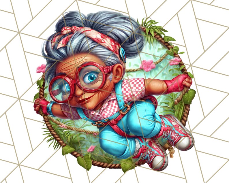 May include: A whimsical illustration of a cartoon character, an elderly woman with gray hair and red glasses, wearing a pink and white checkered shirt, blue pants, and red sneakers. She is holding onto a rope swing surrounded by green leaves and pink flowers.