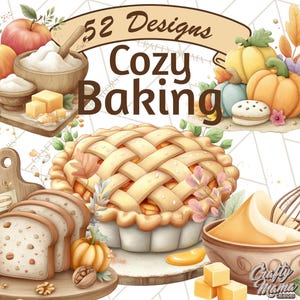 Puede incluir: Ilustración en acuarela con una tarta con corteza enrejada, calabazas, manzanas e ingredientes para hornear. El texto "52 Designs Cozy Baking" se muestra en una pancarta. Otros elementos incluyen un cuenco de harina, mantequilla y pan en rodajas.