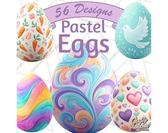 Può includere: Una collezione di design di uova di Pasqua pastello. Le uova presentano vari motivi, tra cui carote, cuori, spirali e una colomba. Il testo "56 Designs Pastel Eggs" è visualizzato sopra le uova.