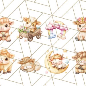 May include: A set of eight digital clipart images featuring cute cartoon cows in various poses. The cows are brown and white with big eyes and sweet expressions. Some cows are holding flowers, riding in a wagon, sleeping on a crescent moon, or holding a bunny. The images are perfect for creating digital projects, scrapbooking, or crafting.