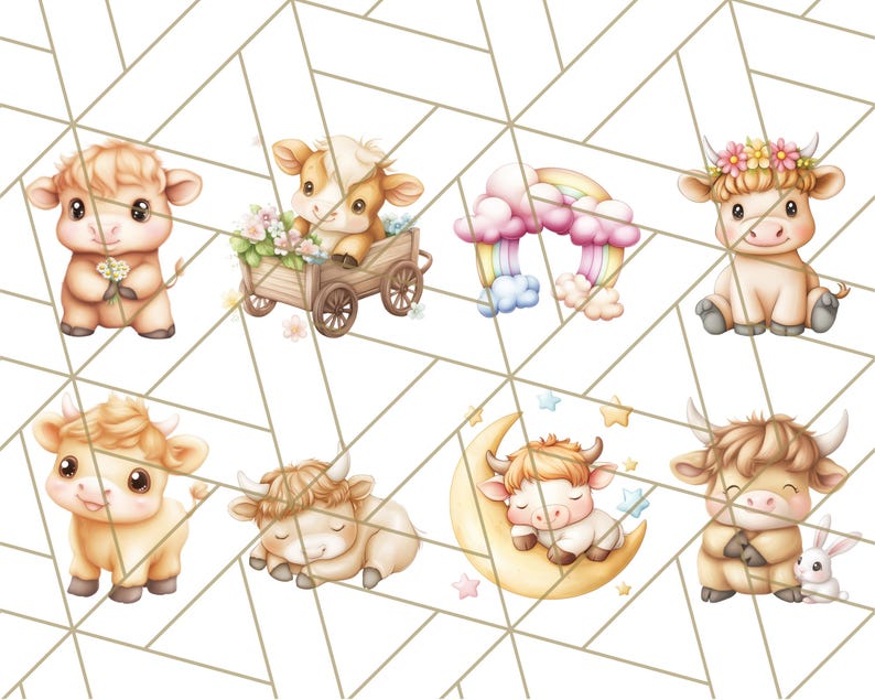 May include: A set of eight digital clipart images featuring cute cartoon cows in various poses. The cows are brown and white with big eyes and sweet expressions. Some cows are holding flowers, riding in a wagon, sleeping on a crescent moon, or holding a bunny. The images are perfect for creating digital projects, scrapbooking, or crafting.