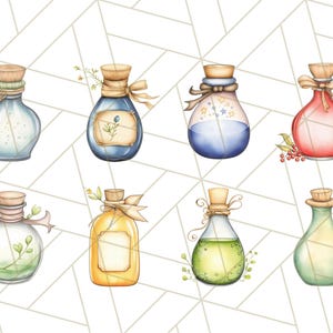 Puede incluir: Ocho ilustraciones de acuarela de botellas de vidrio con l&iacute;quidos de diferentes colores y elementos decorativos. Las botellas tienen tapones de corcho y est&aacute;n atadas con cintas. Las botellas est&aacute;n sobre un fondo blanco con un patr&oacute;n geom&eacute;trico.