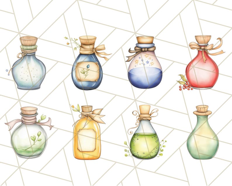 Puede incluir: Ocho ilustraciones de acuarela de botellas de vidrio con l&iacute;quidos de diferentes colores y elementos decorativos. Las botellas tienen tapones de corcho y est&aacute;n atadas con cintas. Las botellas est&aacute;n sobre un fondo blanco con un patr&oacute;n geom&eacute;trico.