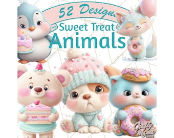 52 Png, Sweet Treat Animal Clipart, Kawaii Dessert PNG, Cute Pastel Animals, Cupcake Donut Ice Cream Art, Printable Planner Stickers