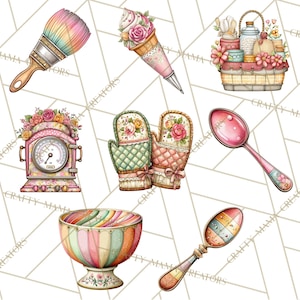 May include: Watercolour illustrations of baking-themed items, including a paint brush, piping bag, oven mitts, a basket of jars, a clock, a spoon, and a bowl. The items are decorated with floral and pastel designs.