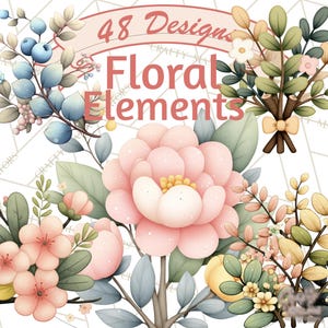 Puede incluir: Ilustración en acuarela de elementos florales, incluyendo peonías rosas, bayas azules y varias hojas verdes y amarillas. El texto "48 Designs Floral Elements" se muestra en la parte superior.