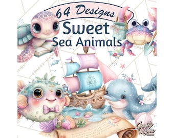 64 Png, Sweet Ocean Creatures Clipart, Under The Sea Nursery Decor, Cute Sea Animals Clip Art PNG, Printable Digital Download