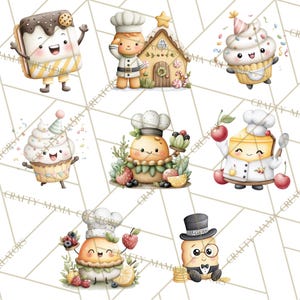 May include: Watercolor illustrations of various baked goods and desserts with smiling faces, including a cupcake, a cake slice, and a s'more. Each character is wearing a chef's hat or a party hat, surrounded by fruits and sweets.