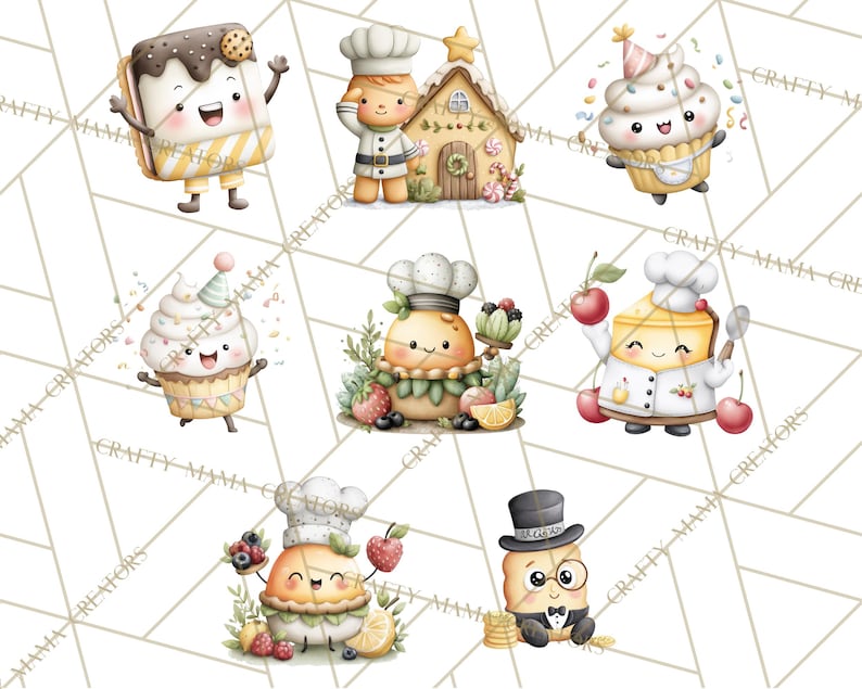 May include: Watercolor illustrations of various baked goods and desserts with smiling faces, including a cupcake, a cake slice, and a s'more. Each character is wearing a chef's hat or a party hat, surrounded by fruits and sweets.