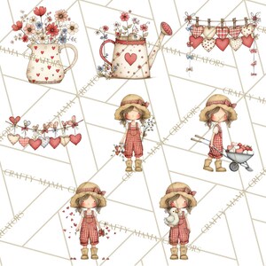 May include: Watercolor illustrations of garden-themed elements. Includes a watering can, a pitcher, and heart-shaped decorations. Also features a girl in red overalls with a straw hat, holding flowers, a wheelbarrow, and a duckling.