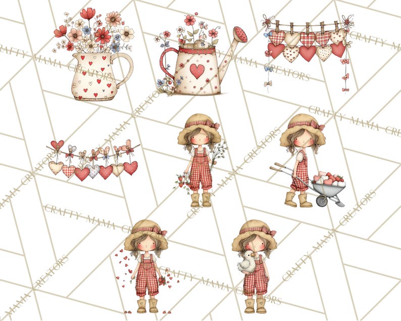 May include: Watercolor illustrations of garden-themed elements. Includes a watering can, a pitcher, and heart-shaped decorations. Also features a girl in red overalls with a straw hat, holding flowers, a wheelbarrow, and a duckling.