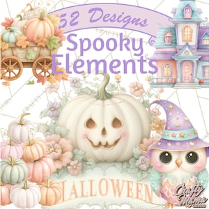 May include: A digital art image featuring a collection of Halloween-themed elements. The design includes pumpkins, a haunted house, and an owl wearing a witch hat. The text "52 Designs Spooky Elements" and "Halloween" are also present.