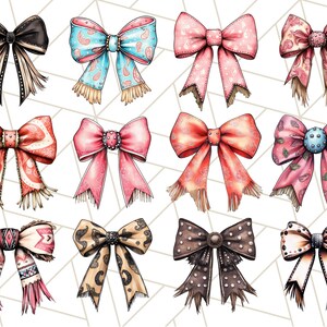 May include: Twelve different bow designs with various colors and patterns. The bows are all hand-drawn and have a vintage aesthetic.