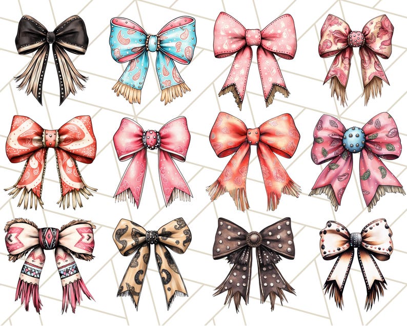 May include: Twelve different bow designs with various colors and patterns. The bows are all hand-drawn and have a vintage aesthetic.