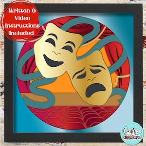 Caja de sombras de teatro 3D Svg, Caja de sombras de máscaras de teatro Svg, Corte de papel en capas 3D de artes escénicas, Archivos SVG de máscaras de juego para Cricut, Teatro Svg