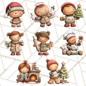 K&ouml;nnte beinhalten: Sieben Lebkuchen-Charaktere in festlichen Outfits. Jeder Charakter hat ein l&auml;chelndes Gesicht und h&auml;lt weihnachtliche Gegenst&auml;nde wie einen Baum, Engelsfl&uuml;gel oder ein Nudelholz. Die Charaktere sind vor einem wei&szlig;en Hintergrund mit geometrischem Muster.