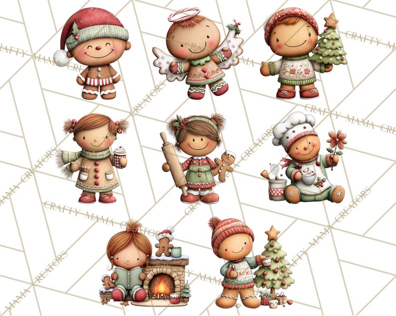 K&ouml;nnte beinhalten: Sieben Lebkuchen-Charaktere in festlichen Outfits. Jeder Charakter hat ein l&auml;chelndes Gesicht und h&auml;lt weihnachtliche Gegenst&auml;nde wie einen Baum, Engelsfl&uuml;gel oder ein Nudelholz. Die Charaktere sind vor einem wei&szlig;en Hintergrund mit geometrischem Muster.