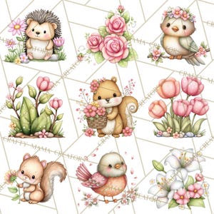 May include: A collection of watercolour illustrations featuring woodland animals and flowers. The image includes a hedgehog, squirrel, and birds, each decorated with floral details. Pink and peach flowers, such as roses and tulips, are also shown, creating a whimsical, nature-themed design.