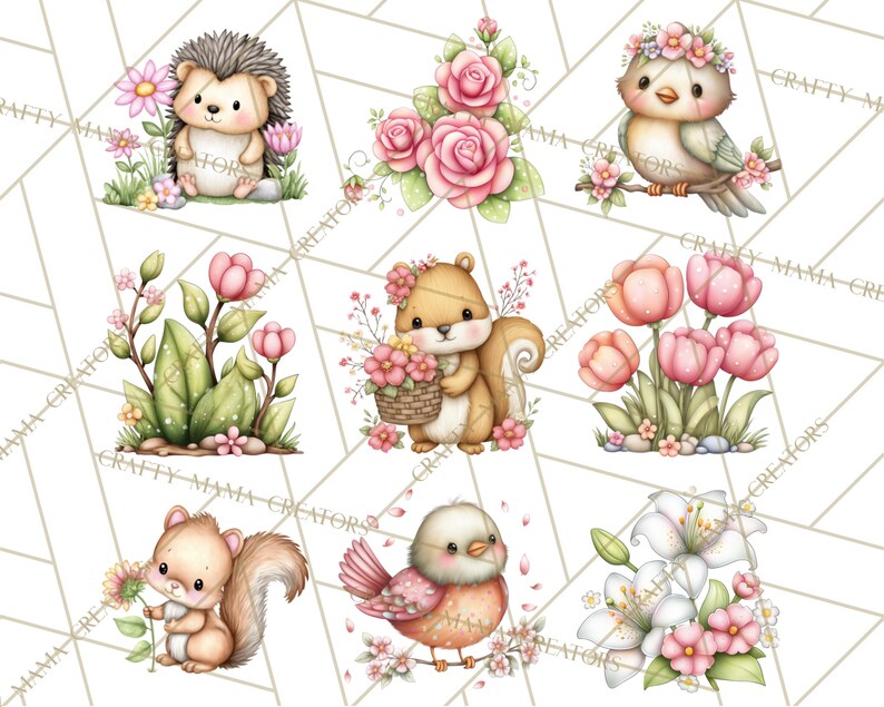 May include: A collection of watercolour illustrations featuring woodland animals and flowers. The image includes a hedgehog, squirrel, and birds, each decorated with floral details. Pink and peach flowers, such as roses and tulips, are also shown, creating a whimsical, nature-themed design.