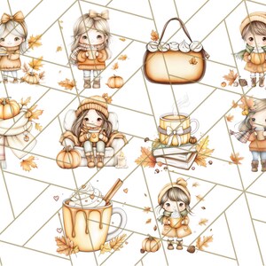 Pode incluir: Um conjunto de clipart digital com meninas fofas em roupas de outono, segurando ab&oacute;boras, canecas e um livro. As ilustra&ccedil;&otilde;es s&atilde;o em estilo aquarela com um fundo branco.