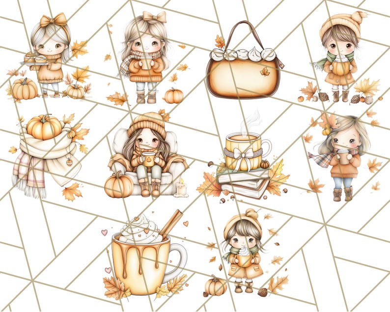 Pode incluir: Um conjunto de clipart digital com meninas fofas em roupas de outono, segurando ab&oacute;boras, canecas e um livro. As ilustra&ccedil;&otilde;es s&atilde;o em estilo aquarela com um fundo branco.